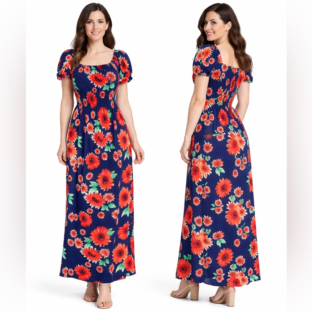 Women's Sunflower Floral Smocked Summer Sundress Long Dress